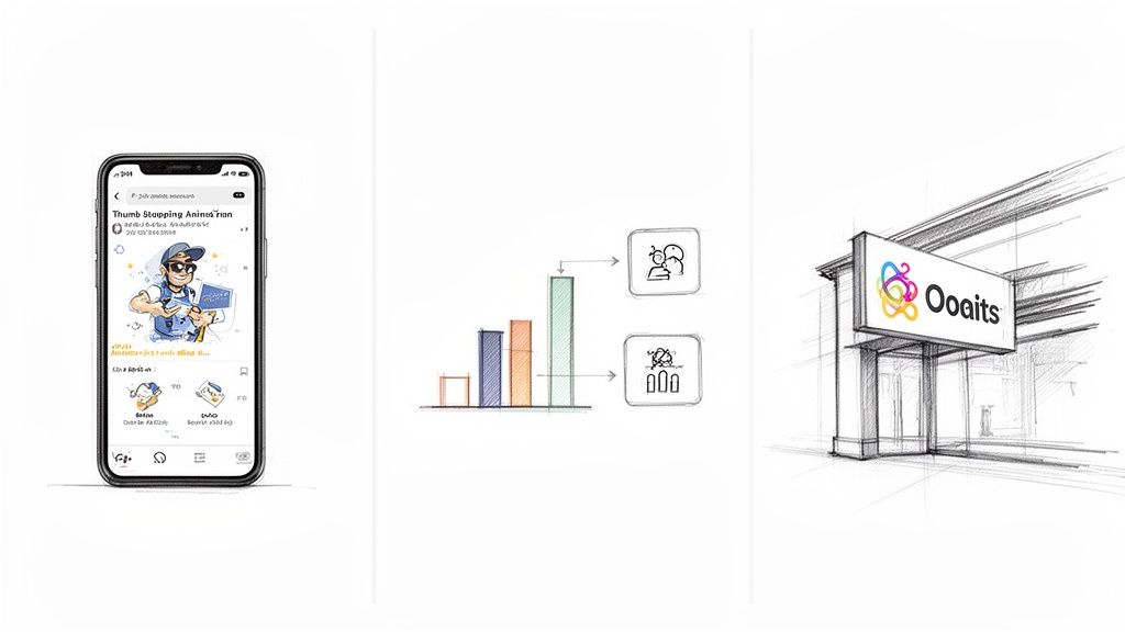 Three sketches illustrating digital concepts: a smartphone app, a growth chart, and a business sign.