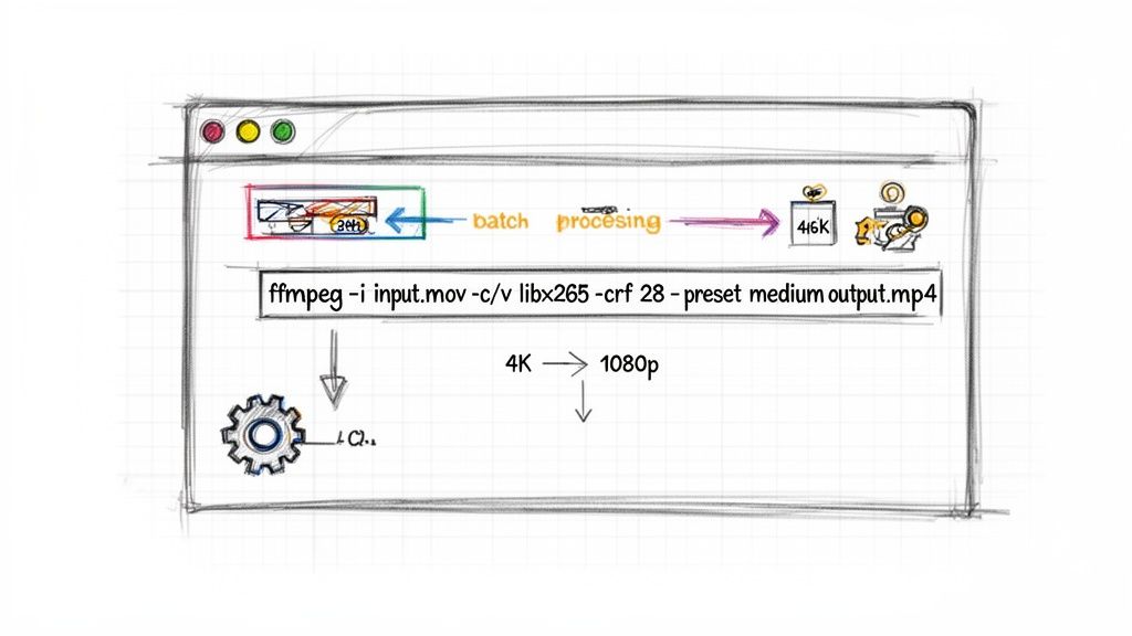 A sketch illustrating FFmpeg command line for video compression, converting 4K MOV to 1080p MP4.
