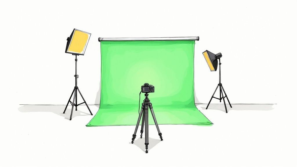 A well-lit green screen setup in a home studio environment.