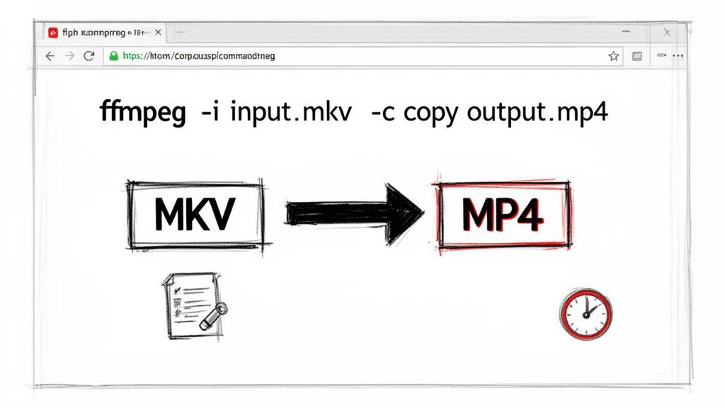 A browser displays FFmpeg command converting an MKV video file to an MP4 file with visual icons.