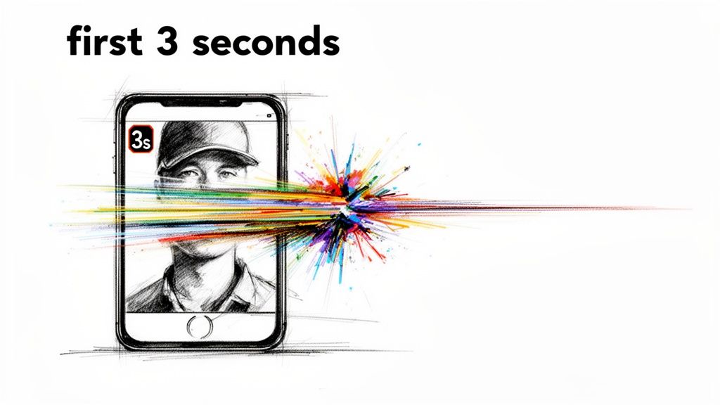 Creative illustration of a smartphone displaying a face, with colorful lines bursting out, emphasizing impact.