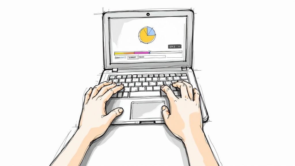 A person sitting in front of a laptop editing a video with a colorful background.