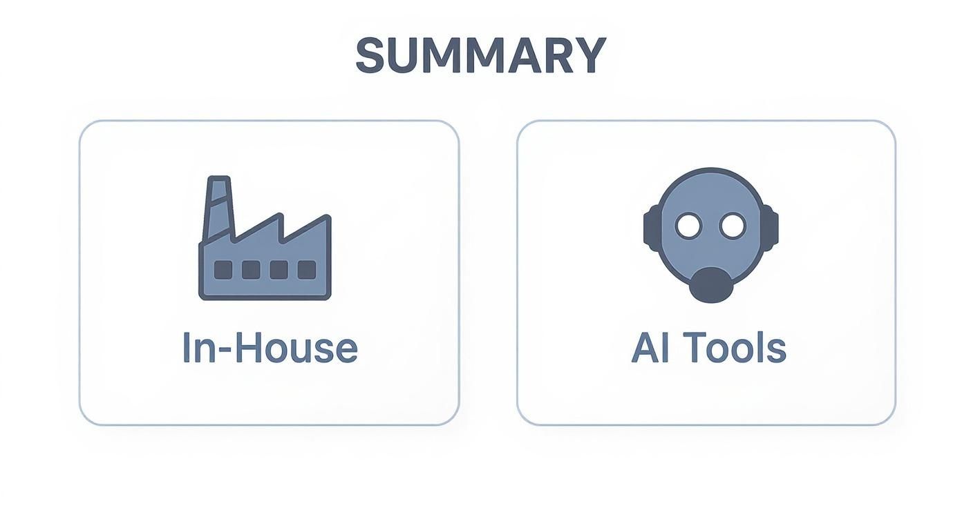 Infographic showing a side-by-side comparison of 'In-House' production with a factory icon and 'AI Tools' with a robot head icon, symbolizing a shift in video creation methods.