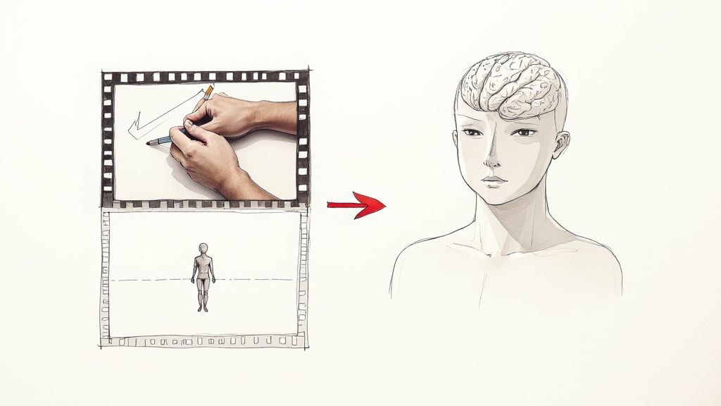 An editor using the After Effects Rotobrush tool on a computer monitor to isolate a person from their background