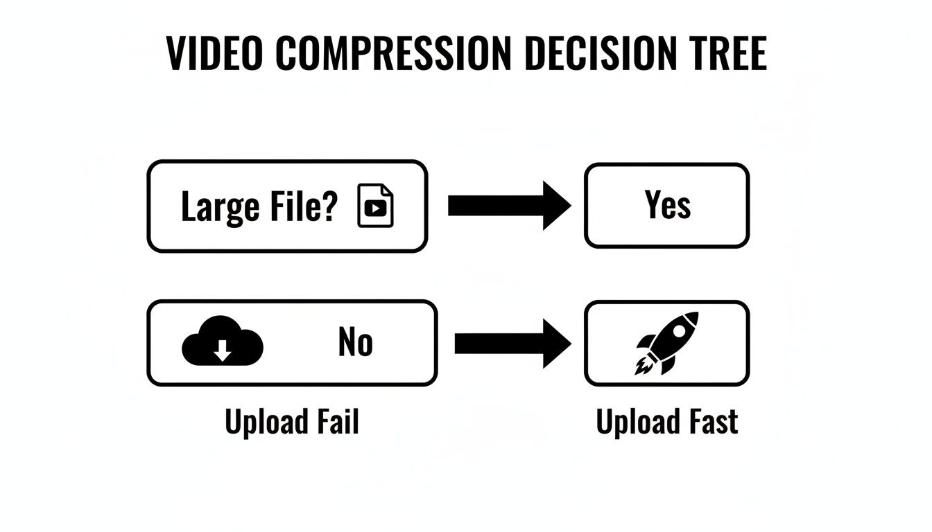 A decision tree diagram for video compression, illustrating that non-large files result in fast uploads.