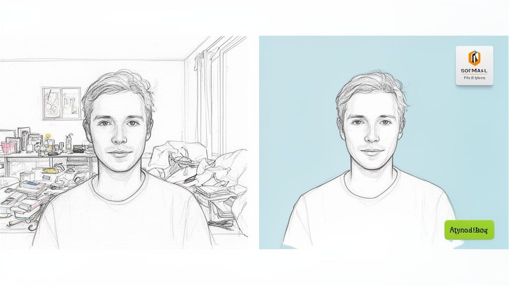 Pencil sketch of a young man with a cluttered room on the left and a plain blue background on the right.