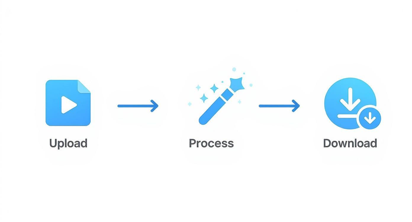 Infographic showing a three-step process: Upload a video file, let AI process it, and download the finished video with the background removed.
