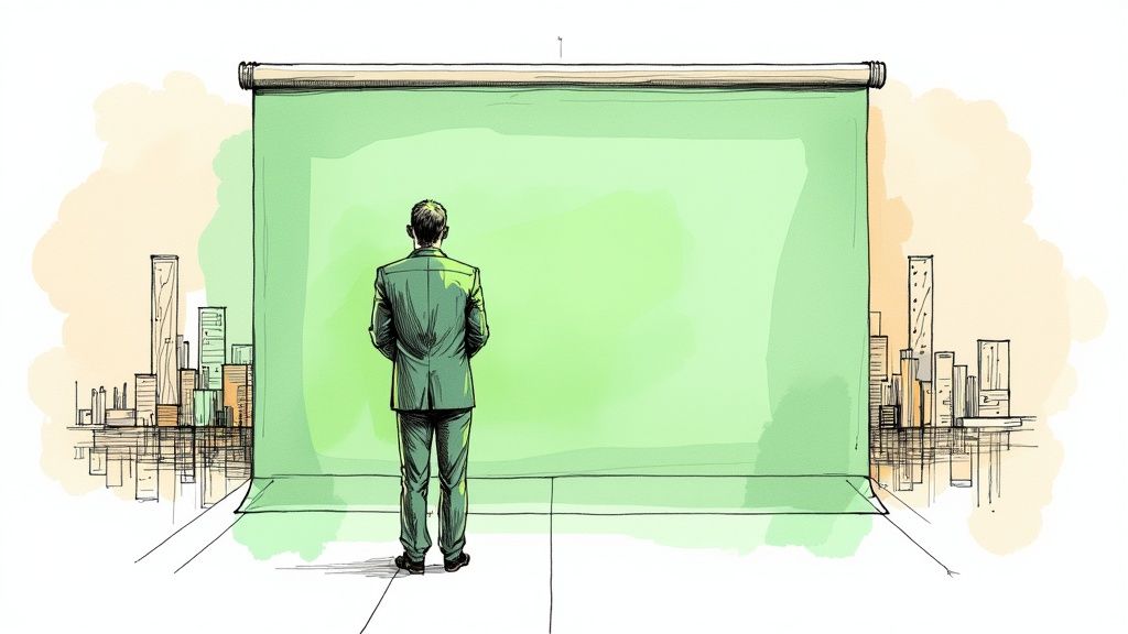A person in front of a green screen being edited into a new background