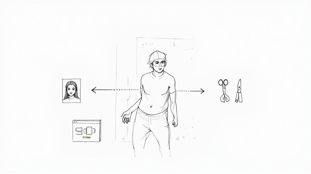 Sketch of a person between input images (photo, web page) and editing tools (scissors, cutter).