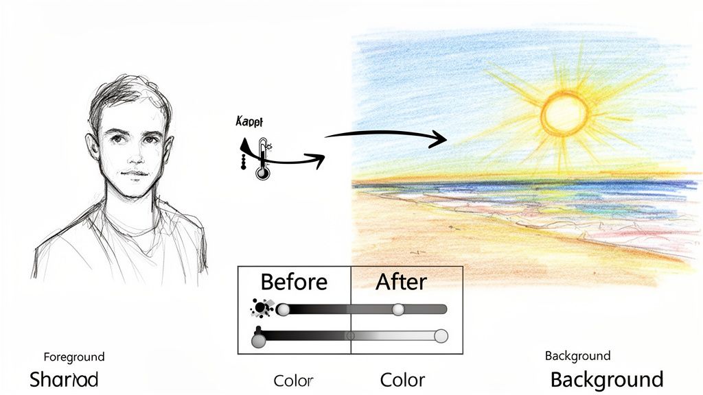 A diagram illustrating color correction, featuring a sketch of a person and a vibrant beach scene.