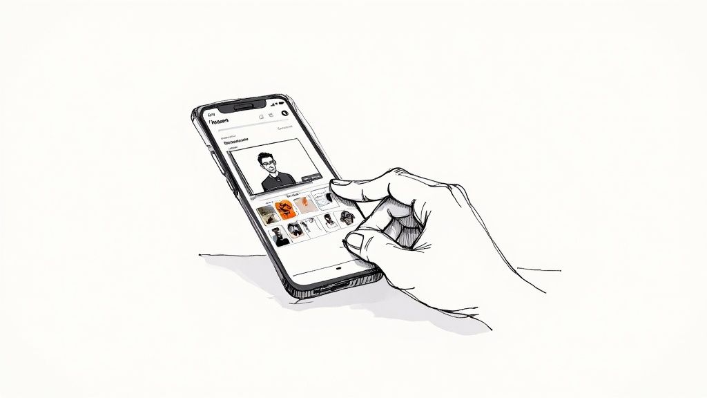 A person using a smartphone for a video call, showcasing a virtual background feature.