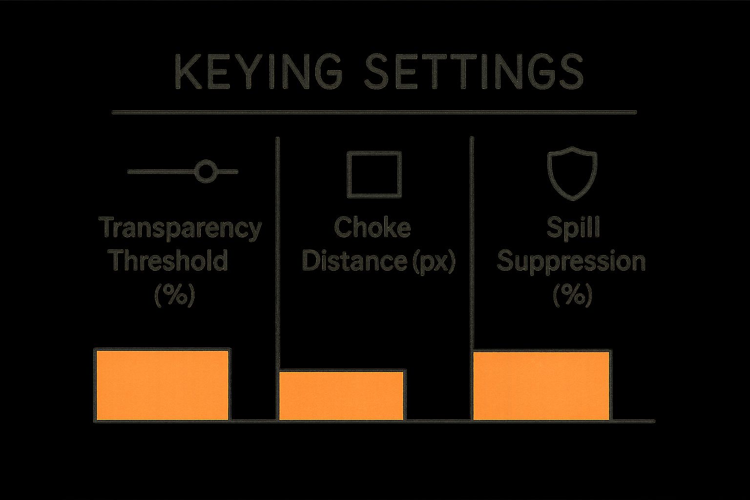 An infographic comparing three key green screen settings: Transparency Threshold, Choke Distance, and Spill Suppression.