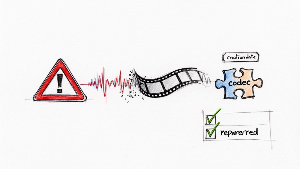 Sketch illustrating a video file repair process, from corruption (warning, broken film) to successful repair.