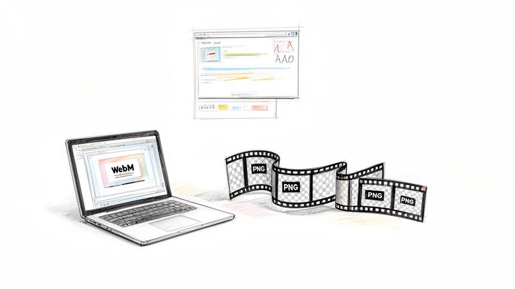 A laptop displaying WebM content, alongside a film strip with multiple PNG image frames, illustrating media conversion.