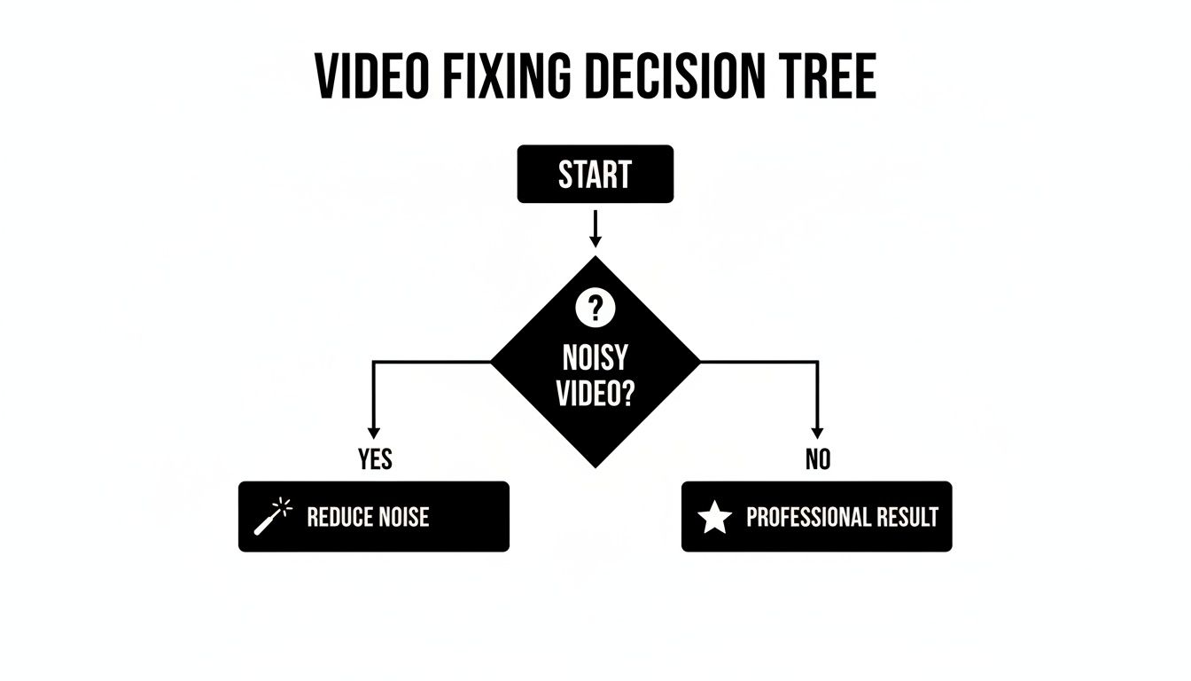 A video fixing decision tree flowchart, guiding users from a noisy video to noise reduction or professional results.