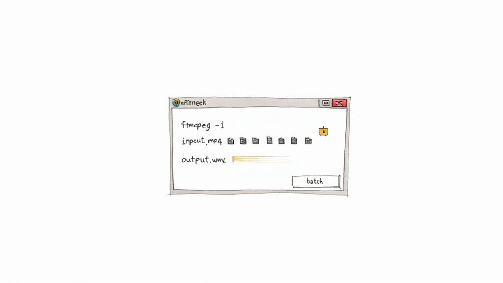 A hand-drawn illustration of a software window depicting the conversion of an MP4 file to a WMV output.