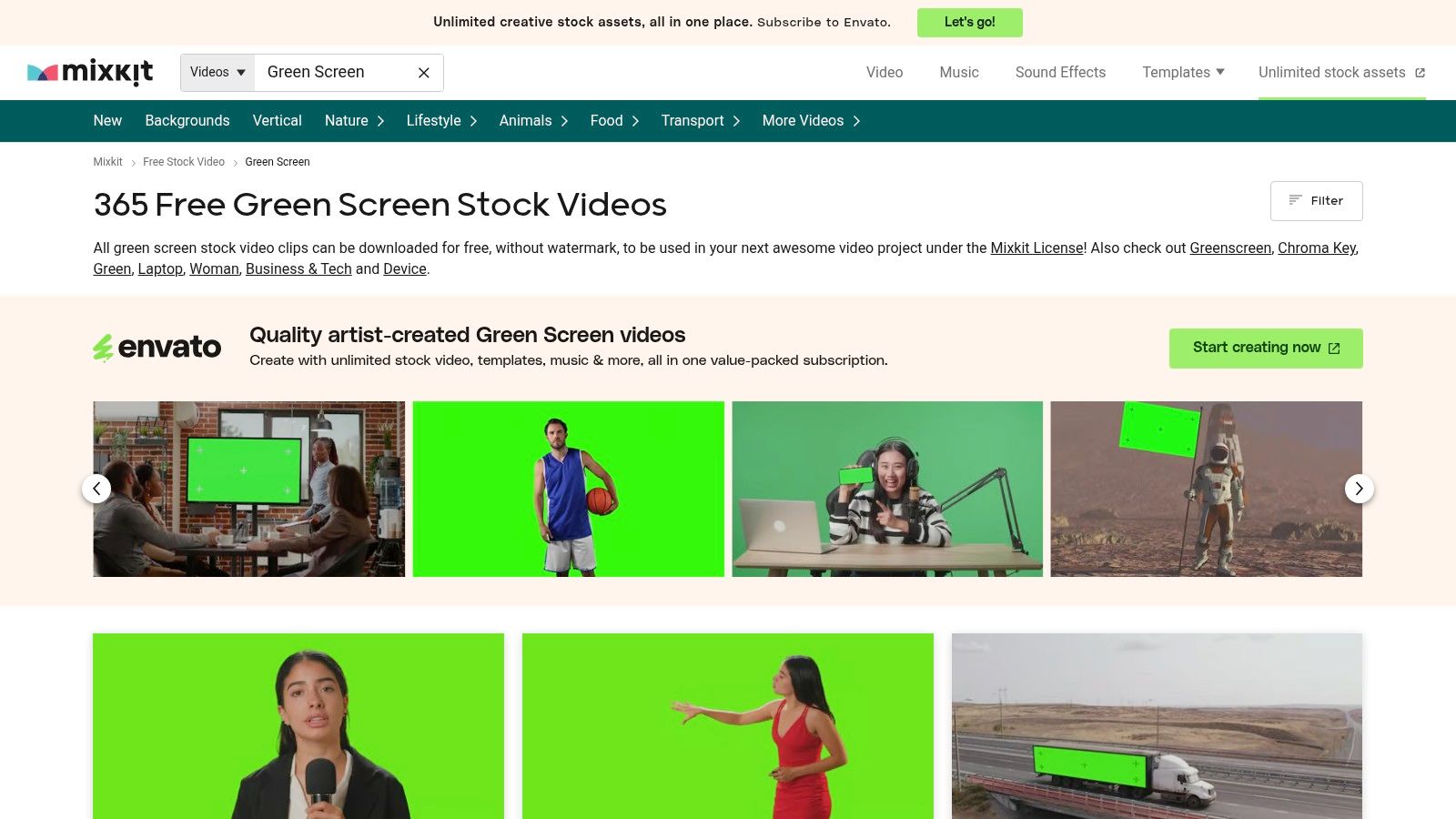 A screenshot of the Mixkit website gallery, showcasing various free green screen videos including a smartphone mockup, social media icons, and a person gesturing.