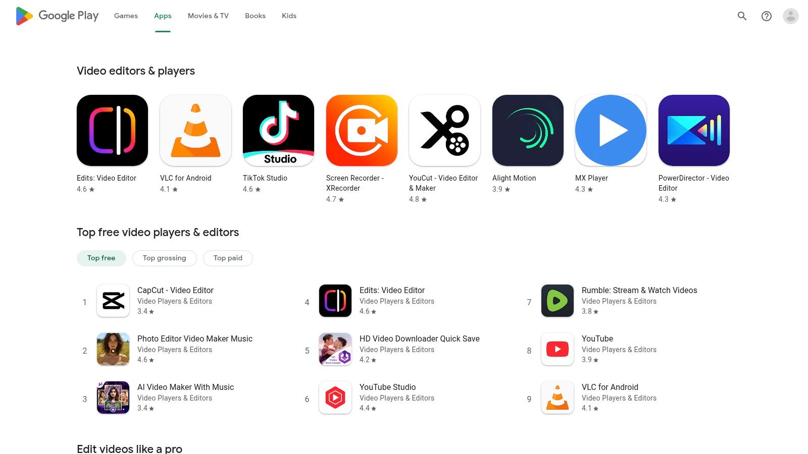Google Play Store – Video Editors category