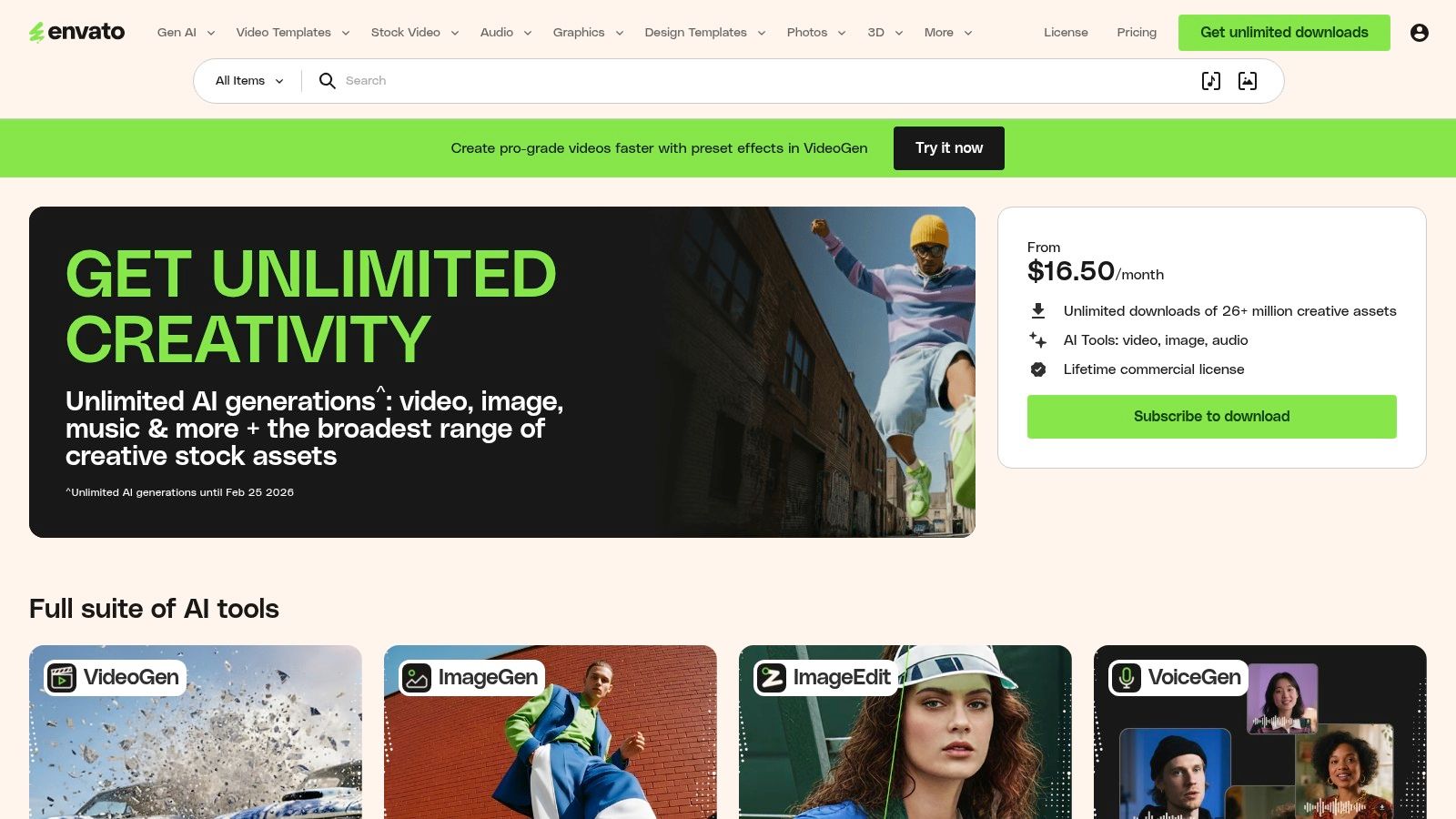 A screenshot of the Envato Elements website showing various creative assets, including video templates and stock footage, highlighting its multi-asset library.