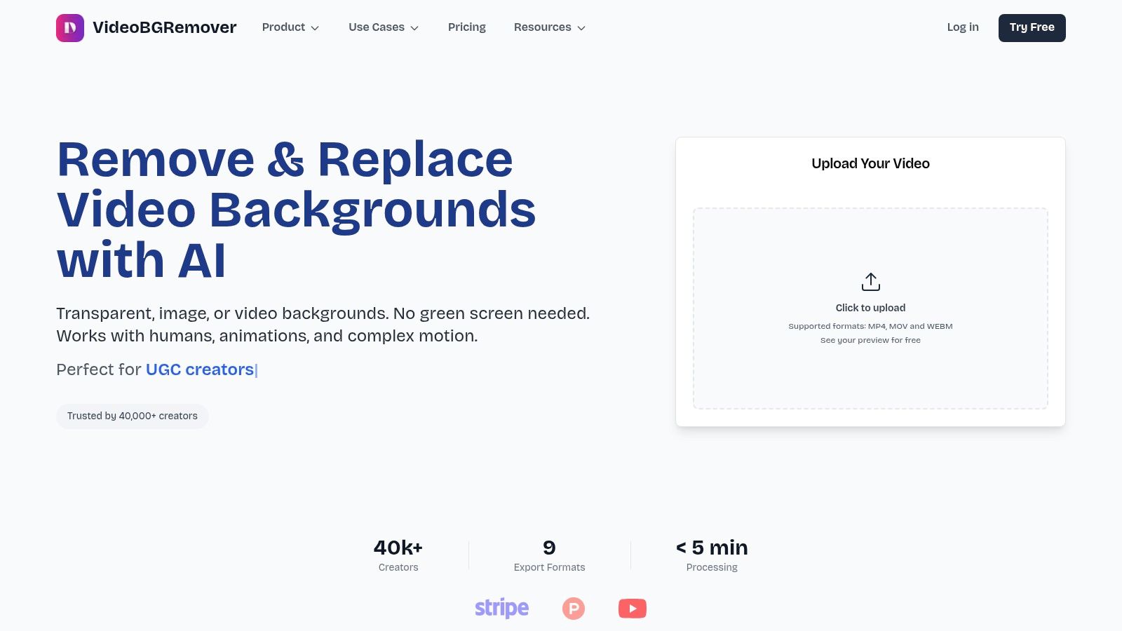 VideoBGRemover performing AI background removal on a video clip
