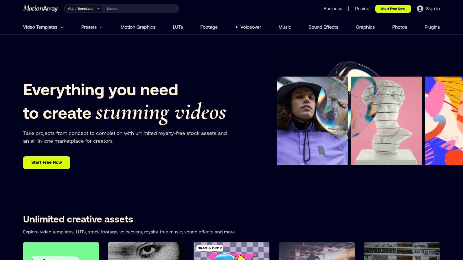 A screenshot of the Motion Array website displaying various green screen video assets, including special effects and animated elements, available for download.