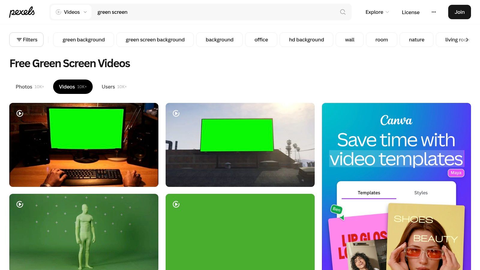 A screenshot of the Pexels website showing various free green screen videos, including a woman pointing, a phone mockup, and an animated heart.