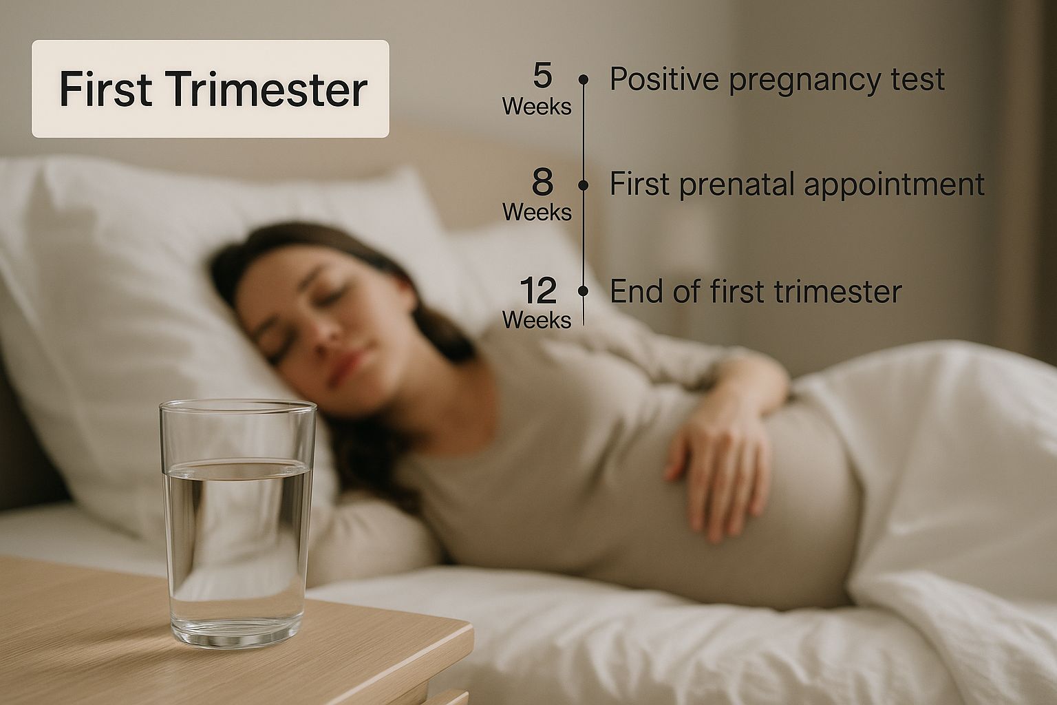 Infographic about pregnancy symptoms week by week, showing a calm bedroom scene with a text block for 'First Trimester'.