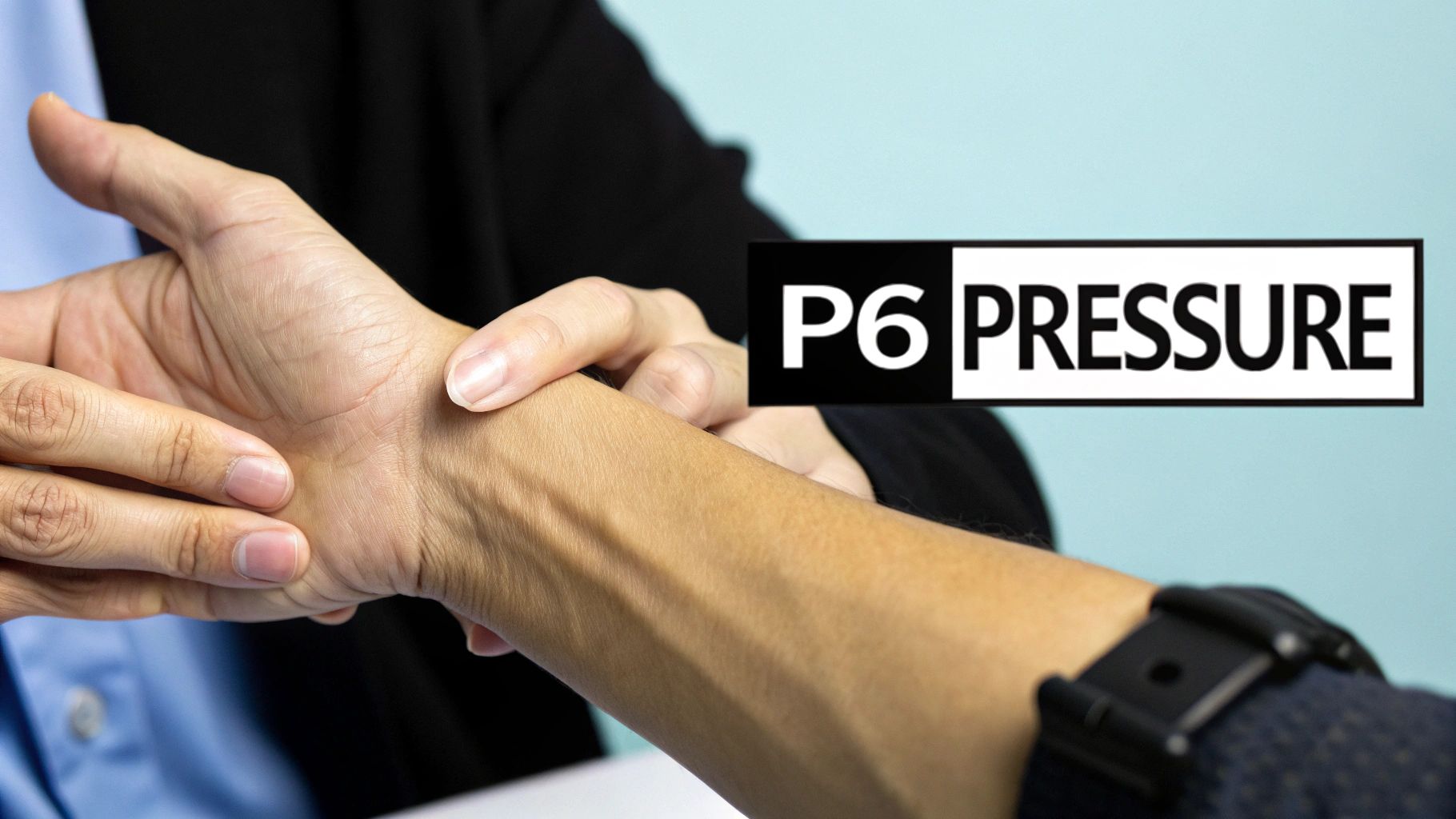 A woman applying pressure to the P6 acupressure point on her wrist.