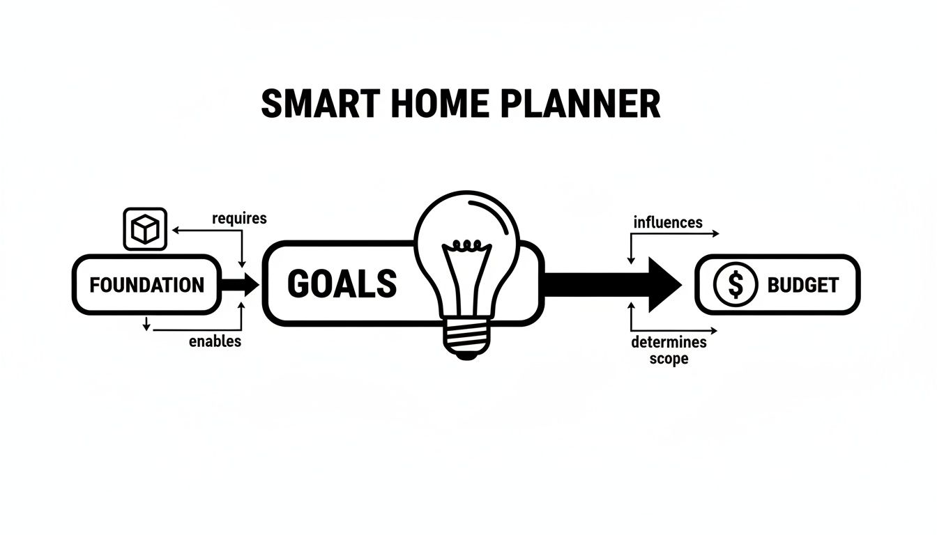 A diagram illustrating the Smart Home Planner process, showing foundation enabling goals, and goals influencing budget.