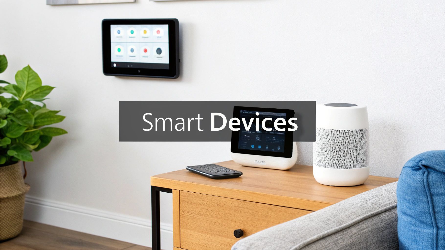 A modern living room showcasing various smart home devices, including a wall-mounted tablet, smart display, and speaker.
