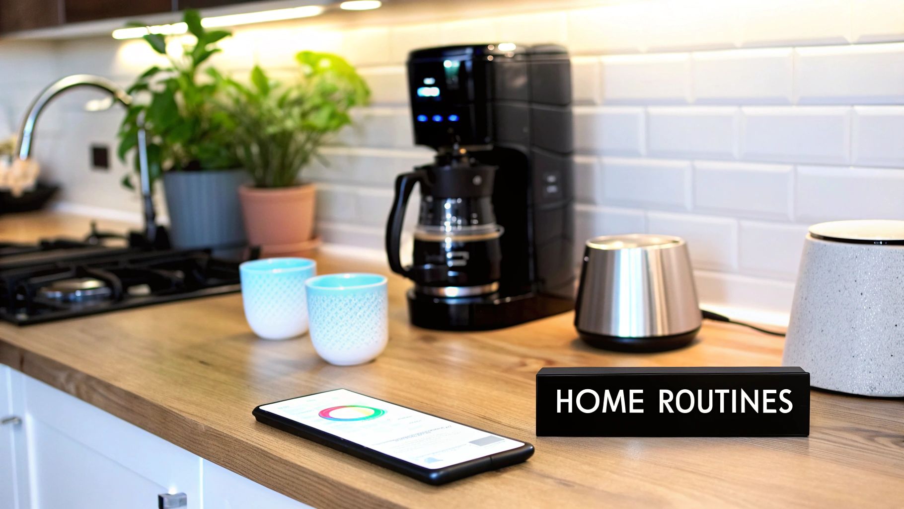A modern kitchen counter with a coffee maker, two mugs, a smartphone, and a 'HOME ROUTINES' sign.