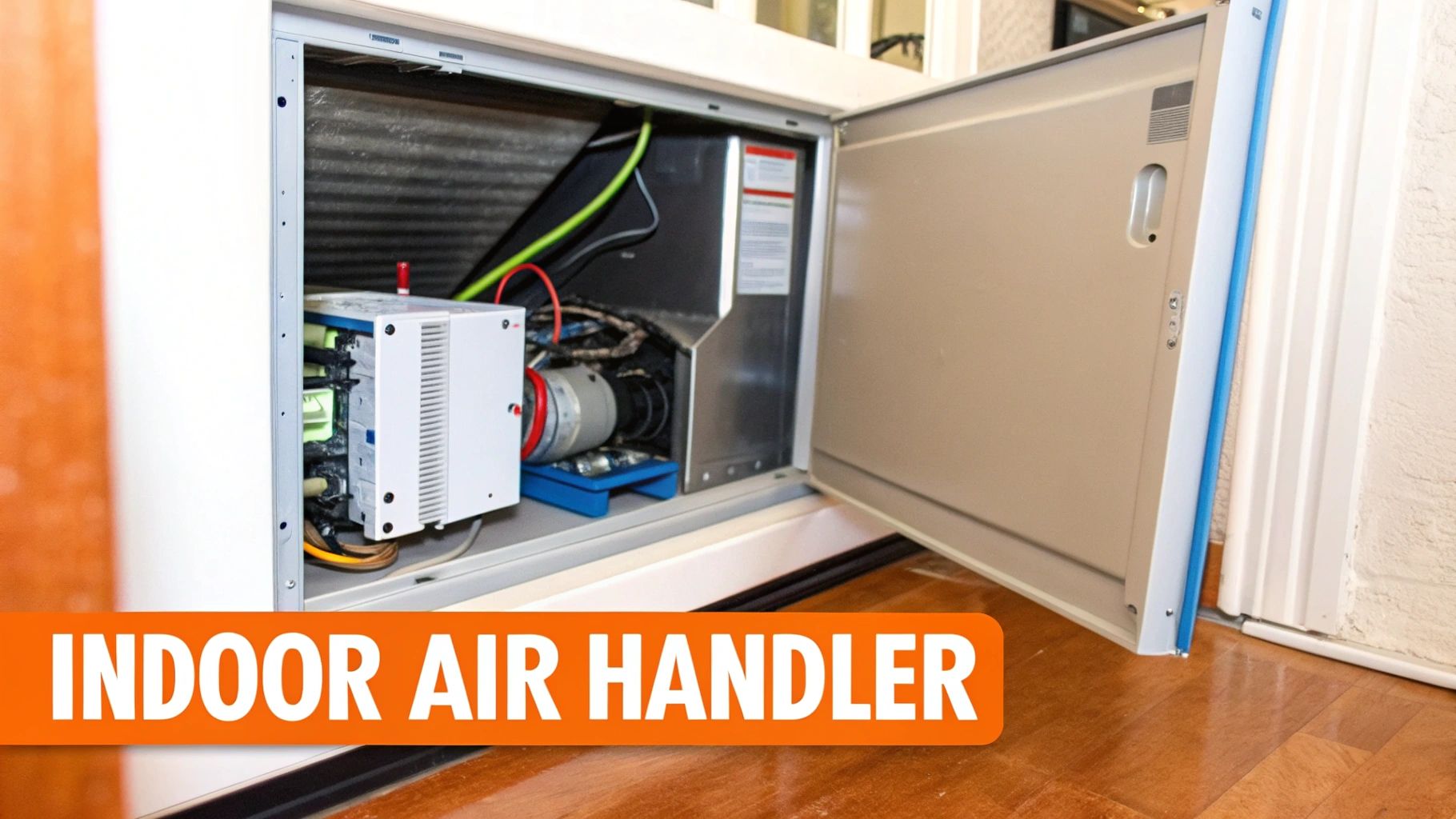 Close-up of an open indoor air handler unit, revealing the essential components of a central AC system.