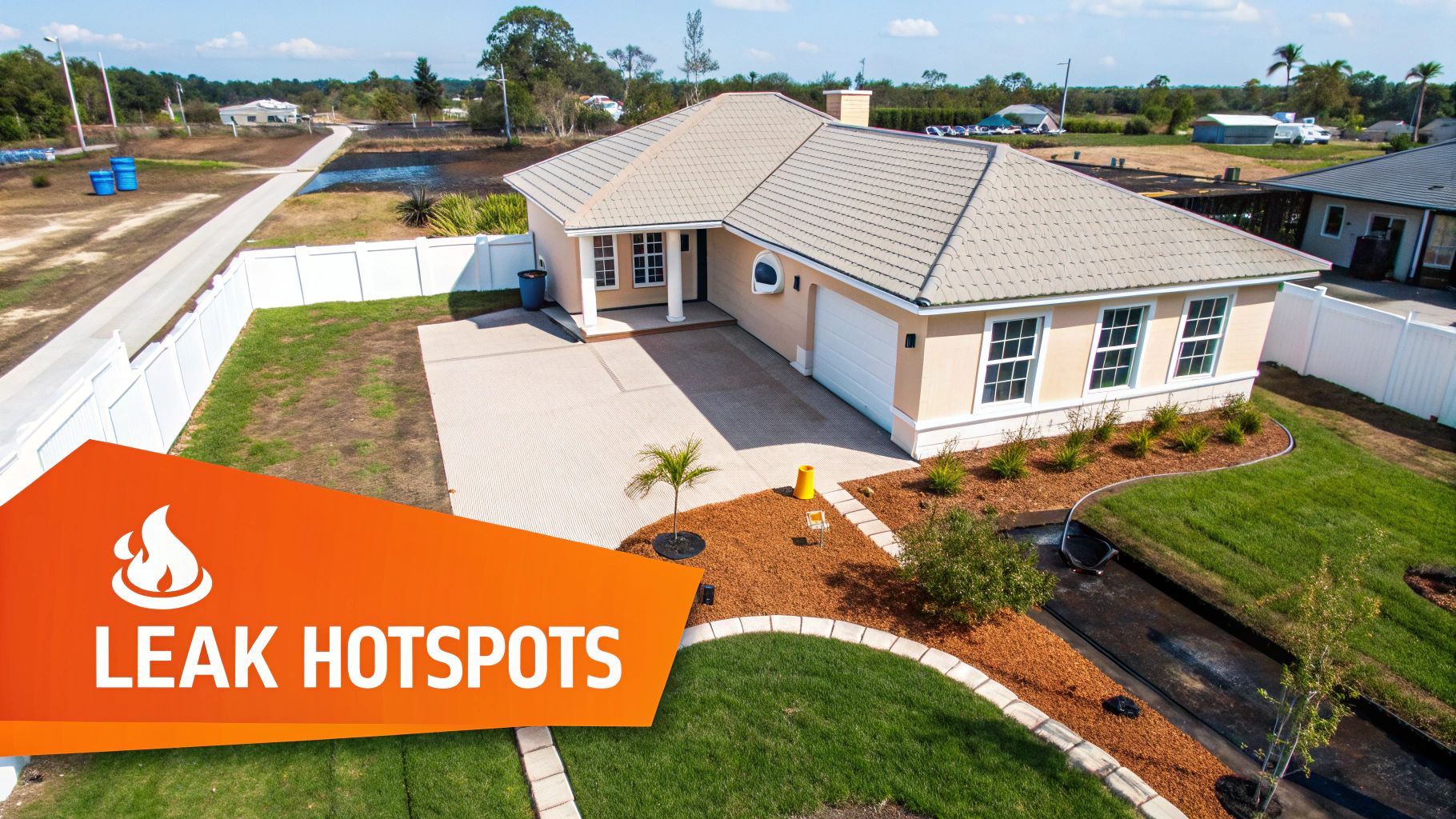Overhead view of a modern house, paved driveway, and yard, with 'LEAK HOTSPOTS' graphic.