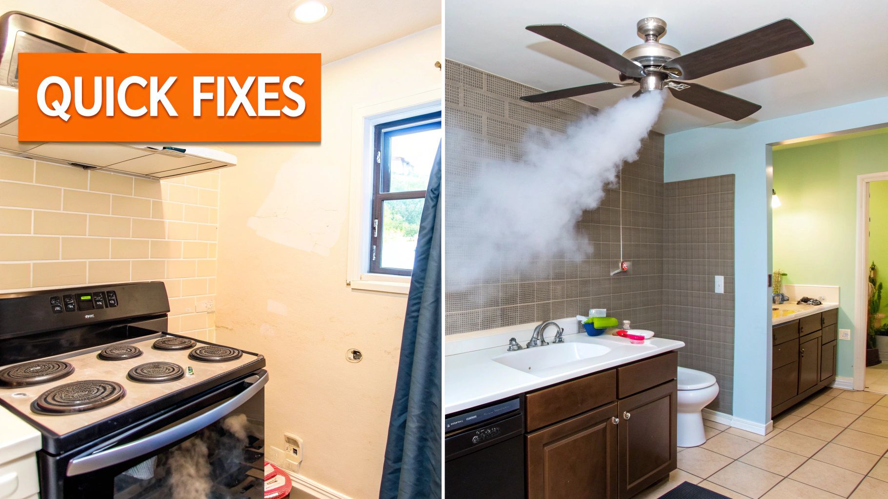 Scenes of a kitchen with a stove and a bathroom with a fan expelling steam, illustrating home humidity issues.