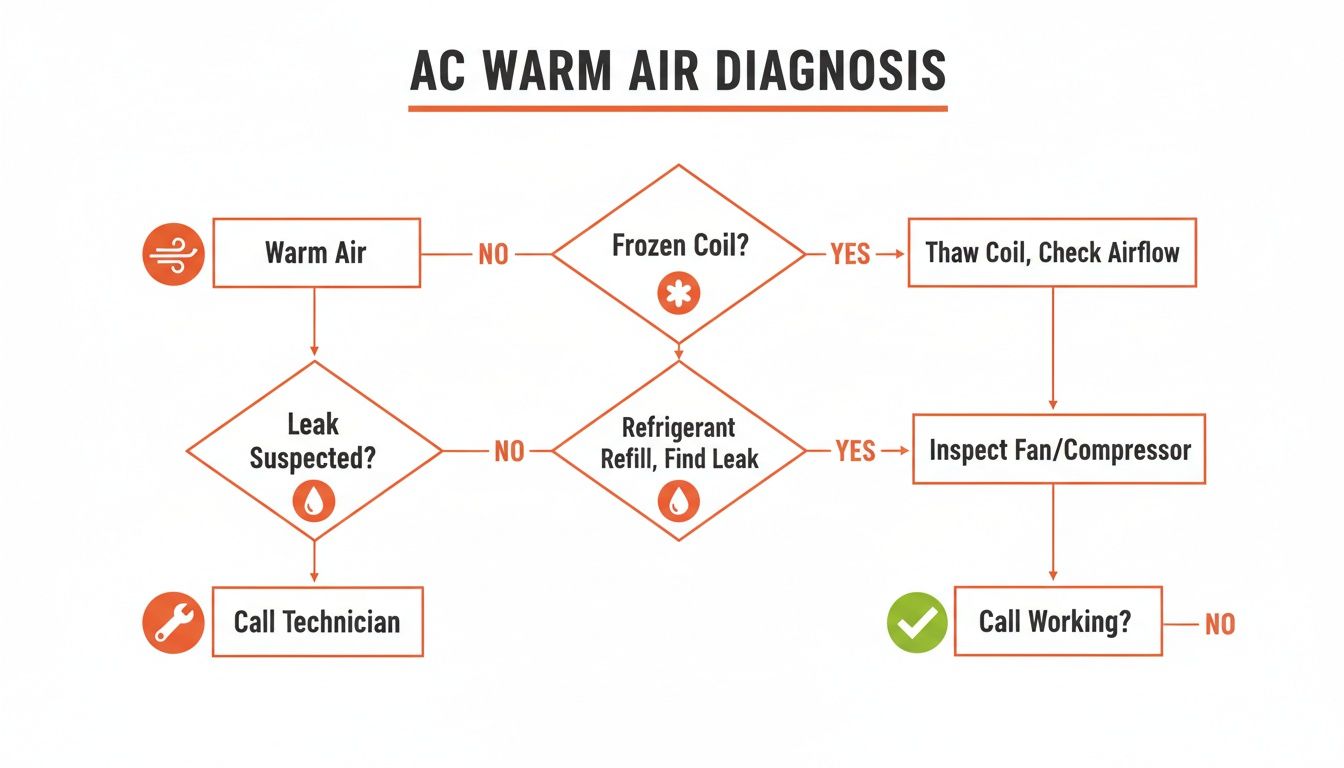 Flowchart for AC warm air diagnosis, covering leaks, frozen coils, and fan/compressor troubleshooting steps.