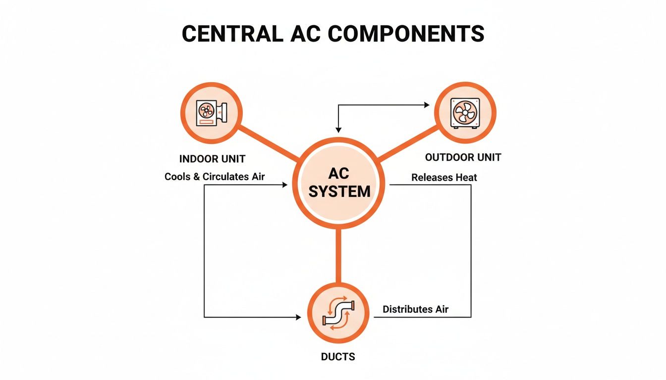 A diagram illustrating the main components of a central AC system: indoor unit, outdoor unit, and ducts.