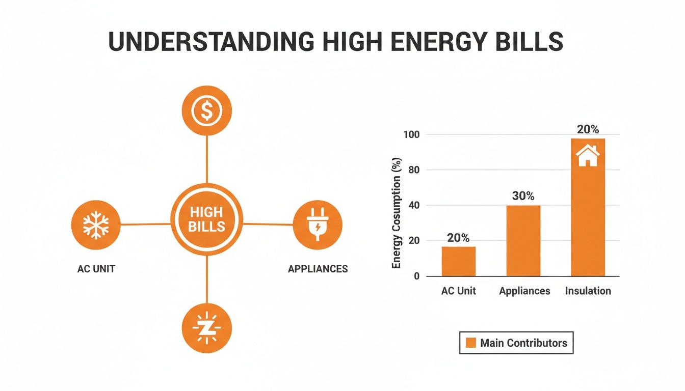 Infographic explaining high energy bills with contributing factors like AC, appliances, and insulation quantified in a bar chart.