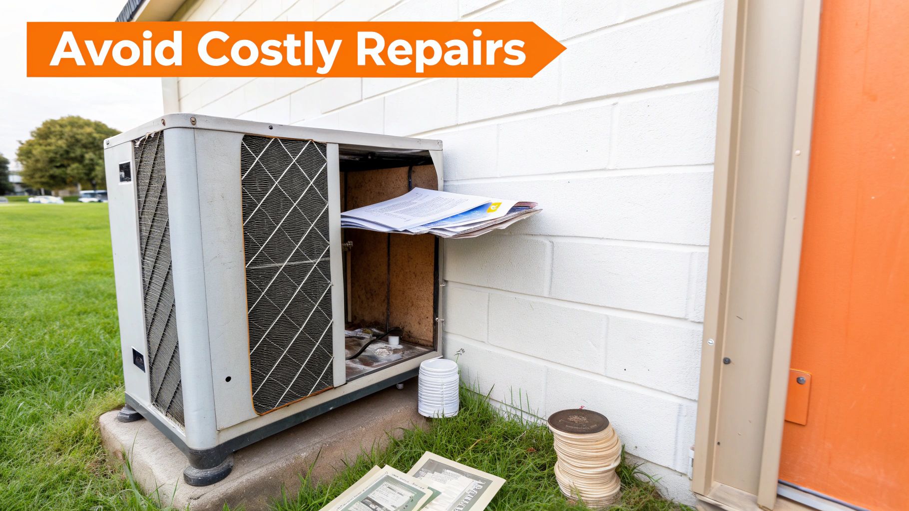 An outdoor air conditioning unit with its side panel open, showing papers and debris inside, next to a white brick wall.