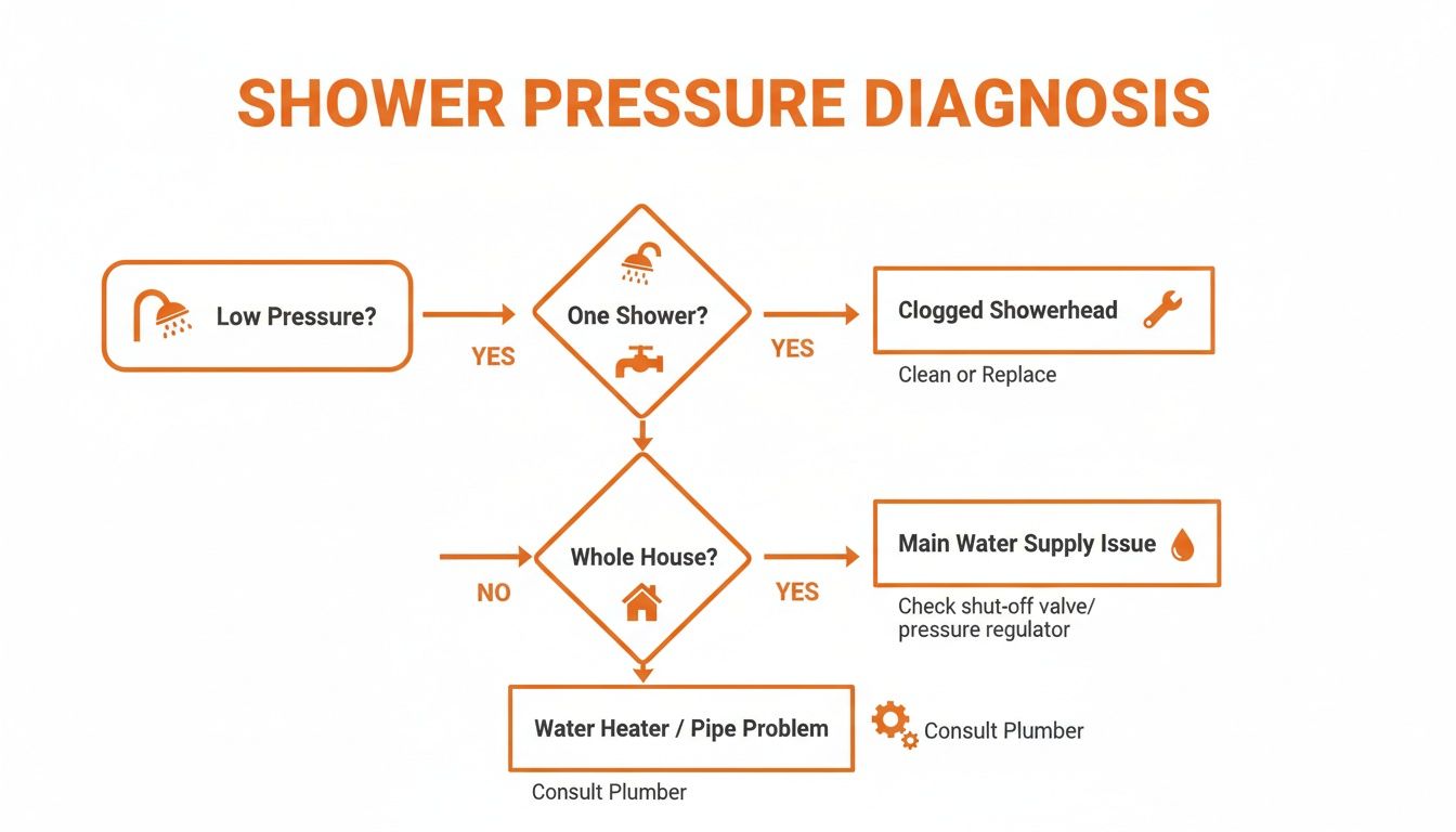 Flowchart diagnosing low shower pressure problems, identifying issues like clogged showerhead or main water supply.