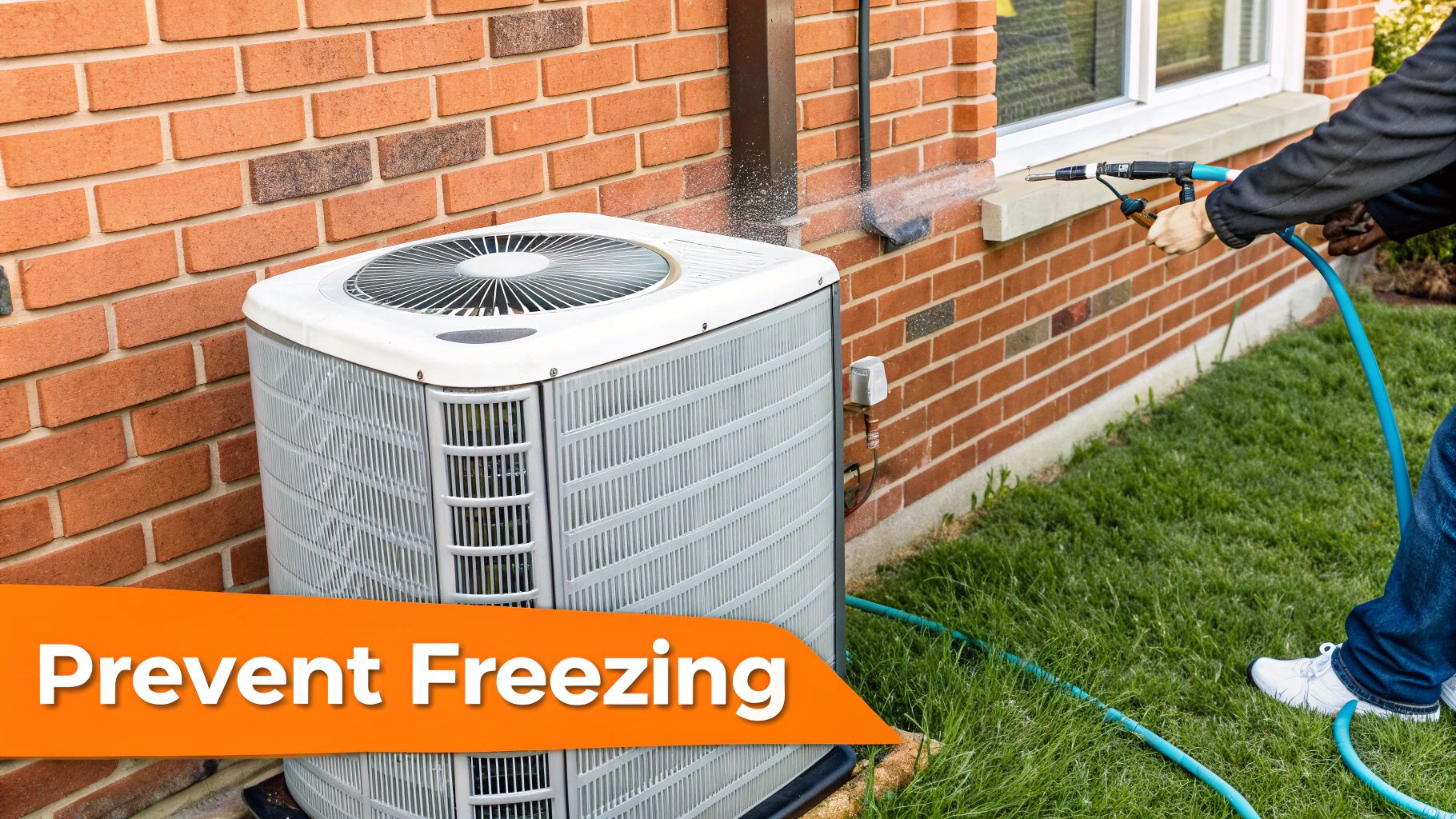 HVAC technician spraying outdoor air conditioner unit to prevent freezing during maintenance