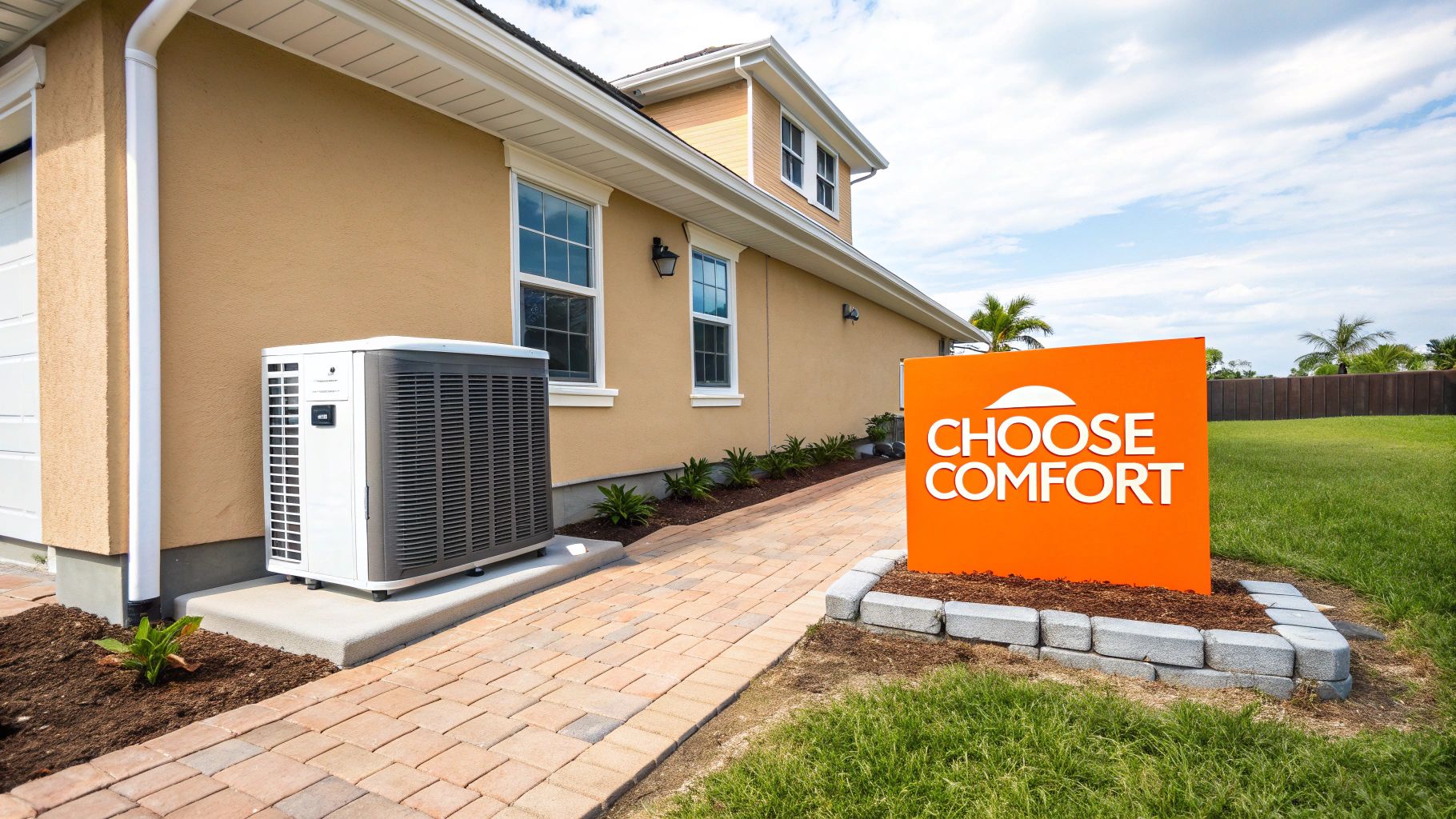 An outdoor heat pump or AC unit next to a house with an orange 'Choose Comfort' sign.