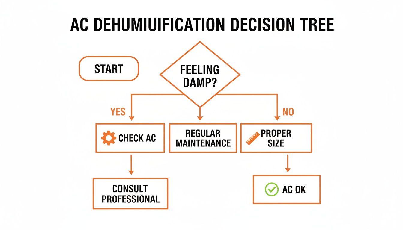A flowchart illustrating an AC dehumidification decision tree to troubleshoot dampness in a house.
