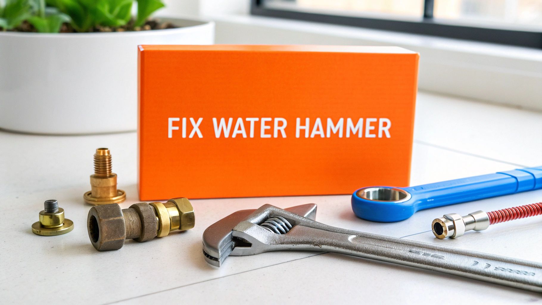 A close-up of a water hammer arrester installed on a copper pipe near a washing machine hookup.