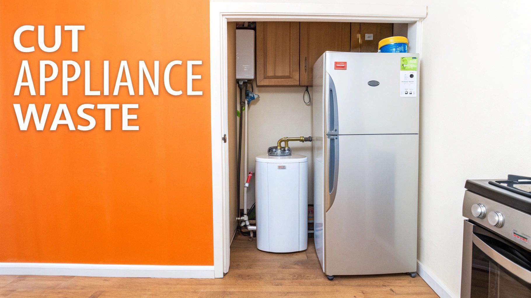 Refrigerator and water heater in a small utility space, next to an orange wall with text 'Cut Appliance Waste'.