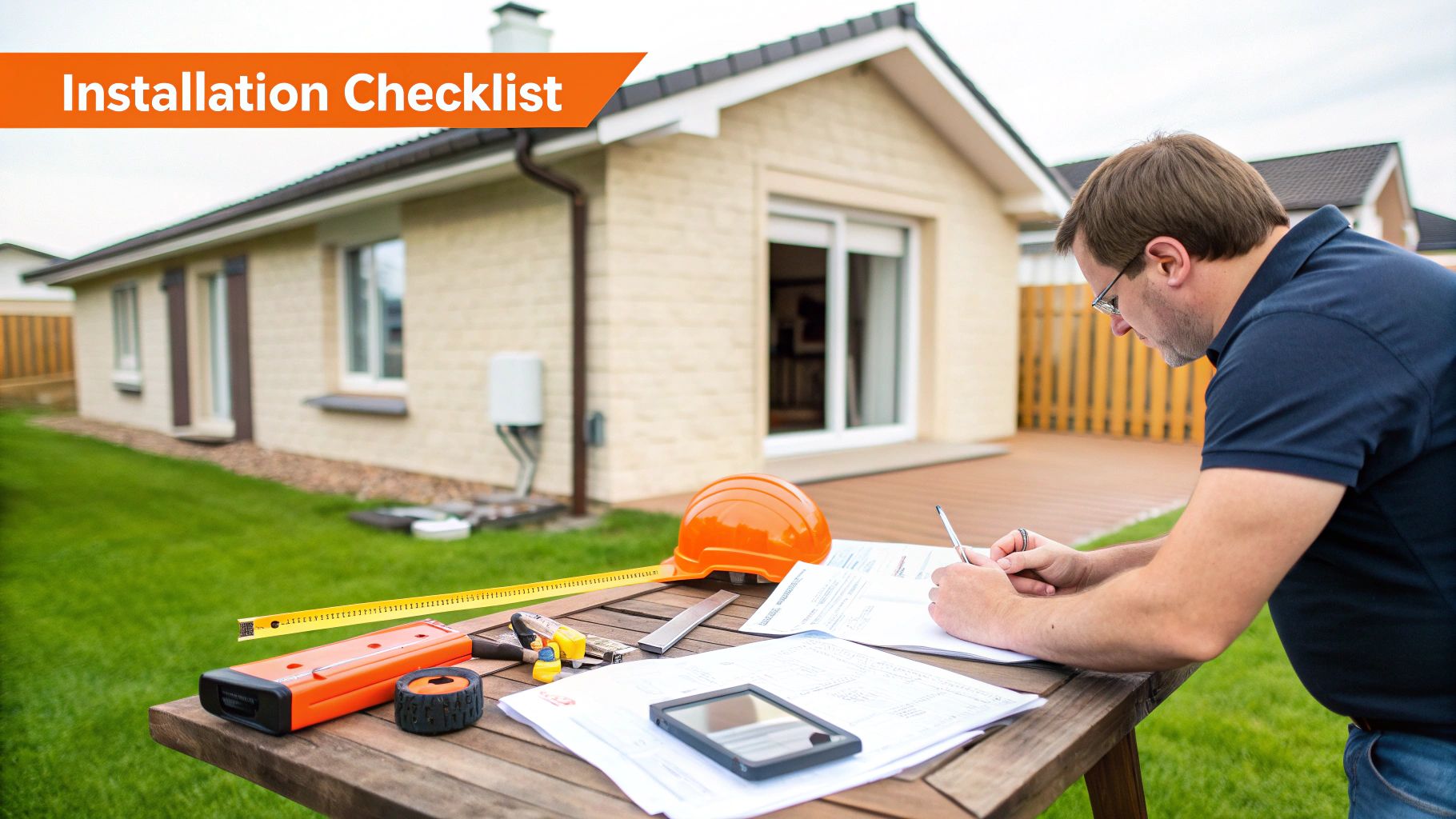Man reviewing an installation checklist and documents on an outdoor table with various tools.
