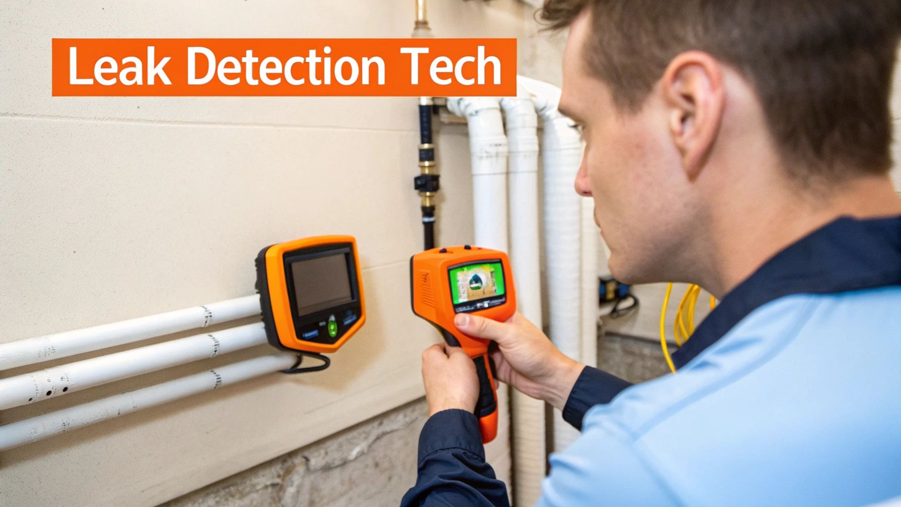 A technician uses an orange handheld device for non-invasive leak detection on pipes.