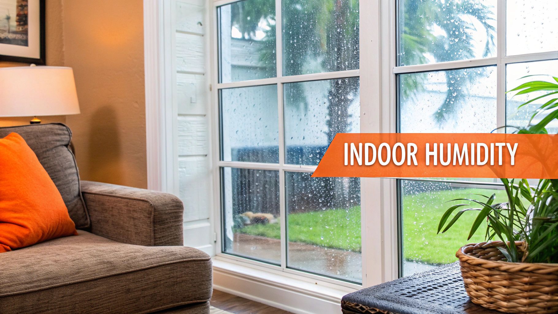 Raindrops on a window in a living room, highlighting indoor humidity with a text overlay.