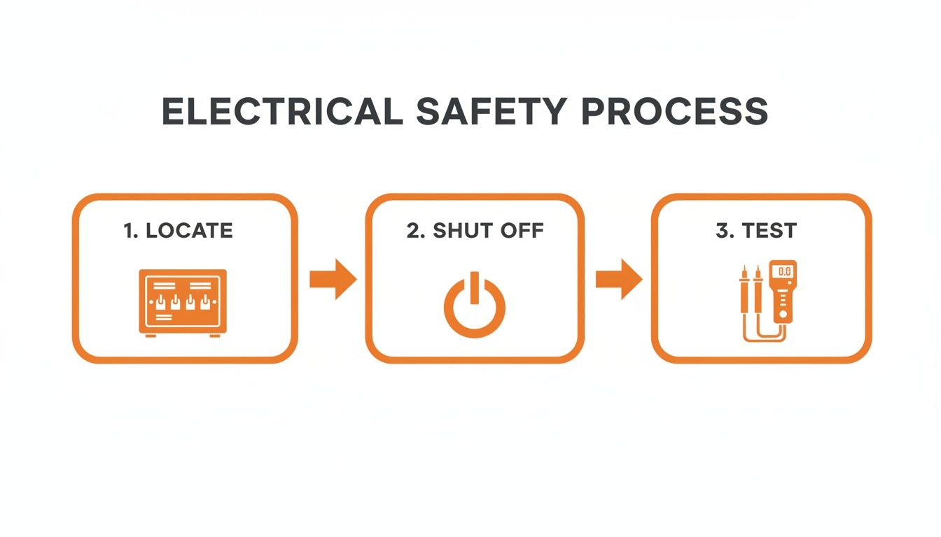 A three-step electrical safety process: locate power, shut off electricity, and test circuits with a multimeter.