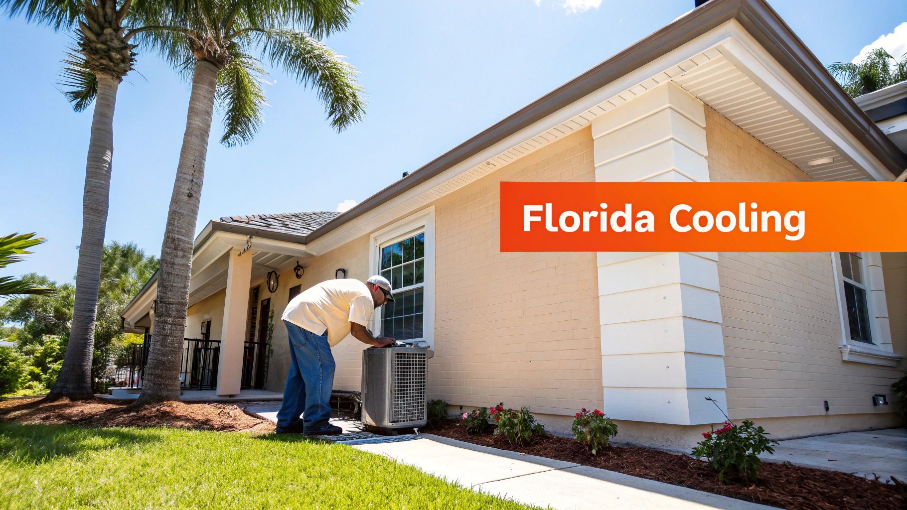 A man inspects an outdoor air conditioning unit outside a Florida house with palm trees.