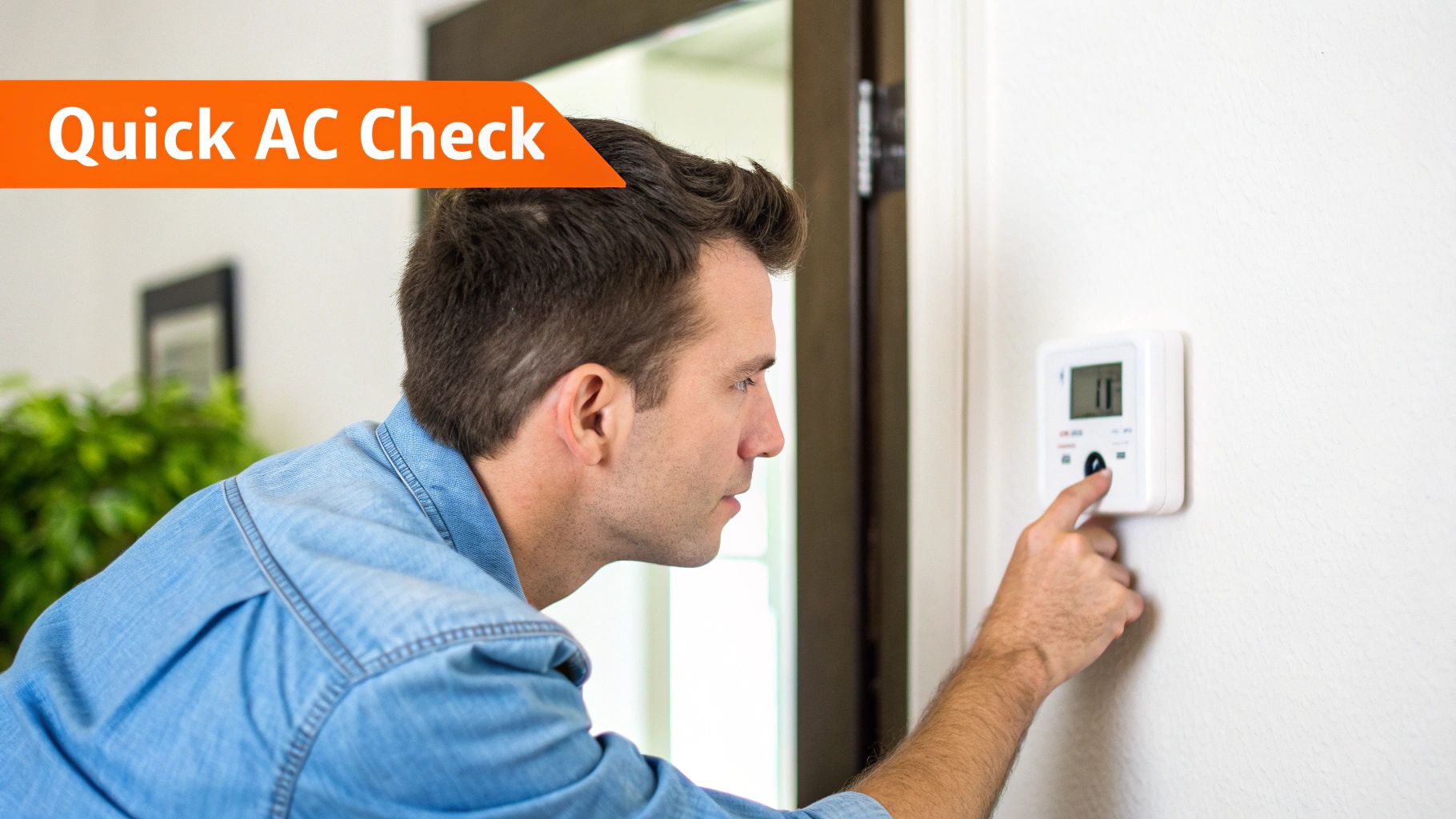 Man in a blue shirt adjusting a modern white thermostat for an AC check.